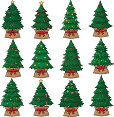 Create a kinds of deferent small green Christmas tree stands in a burlap sack tied with a red bow, festive designs. vector art with white background..