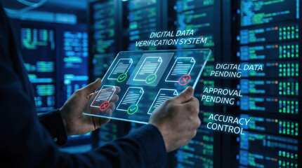 Digital Data Verification and Validation System. Holding a tablet displaying glowing icons of documents with green checkmarks and red X marks, digital data verification