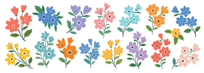 Collection of colorful flower elements vector. Set floral bouquet of wildflower, leaf branch, foliage on white background. Hand drawn blossom illustration for decor, easter, thanksgiving, clipart