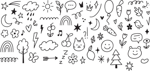 Kid cute baby doodle summer element set. Colorful kid sketch cute heart, kindergarten rainbow and childish toy cartoon elements black and white element