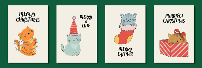 Collection of hand drawn Christmas cards with cute cats with funny quotes. Set of vector templates for a card, poster or banner for Merry Christmas and Happy New Year