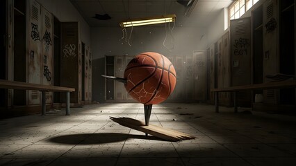 Inside a dusty, derelict locker room, a single, deflated old basketball is impaled on a broken, jagged shard of wood from a bench. Long, black shadows stretch across the tile floor