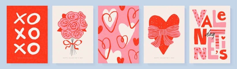Fototapeta na wymiar Trendy Valentine's Day cards with hand-drawn hearts, roses, bows, and lettering. Modern style with casual illustrations and grainy textures. Vector