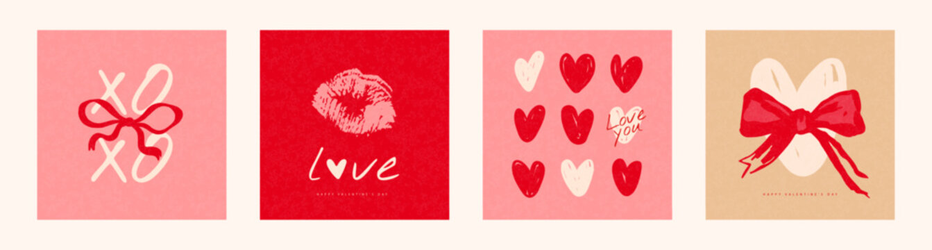 Set of Valentine's Day cards featuring hearts, kisses, and bows for greeting cards and modern holiday designs. Vector illustration in a modern, trendy style with a grainy texture.