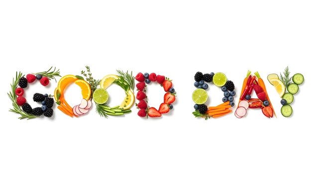 Creative arrangement of fruits and vegetables spelling 'Good Day'