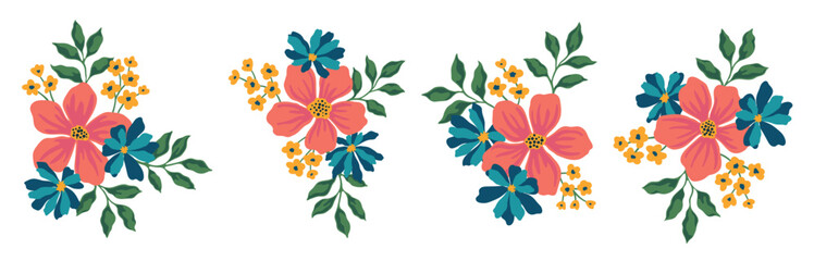 Collection of colorful flower elements vector. Set floral bouquet of wildflower, leaf branch, foliage on white background. Hand drawn blossom illustration for decor, easter, thanksgiving, clipart