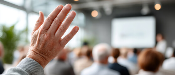 Audience listening to speaker during conference with raised hand in focus, signaling question or participation
