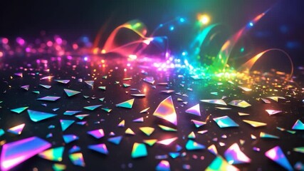 Colorful reflective shards scattered on a dark surface illuminated by beams of vibrant light and dynamic glowing trails creating an abstract background in a visually captivating composition - Powered by Adobe
