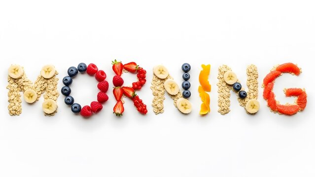 Creative breakfast concept with fruits and cereals spelling morning - Powered by Adobe