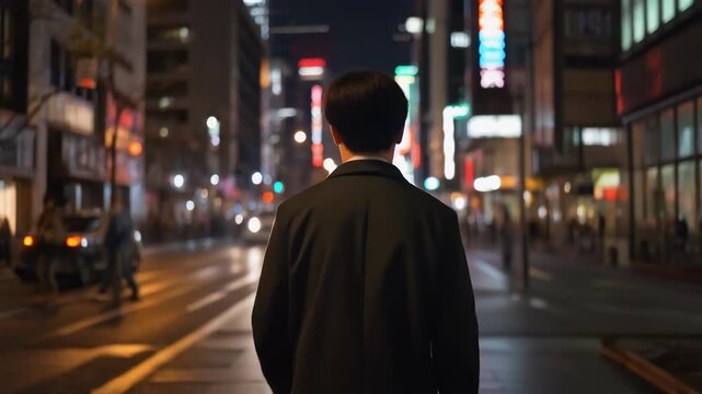夜の都市光に浮かぶ歩行者の静かなシルエット