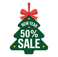 New year sale fifty percent off christmas tree shaped tag with red bow on top