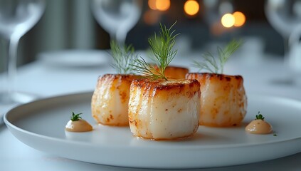 Seared scallops with dill garnish and sauce dots on white plate, elegant restaurant presentation against soft bokeh background.