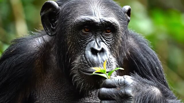 Chimpanzee Eating Leaves - A Close-Up Look at Primate Behavior.