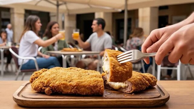 Cachopo asturiano relleno de queso fundido servido en terraza con ambiente veraniego