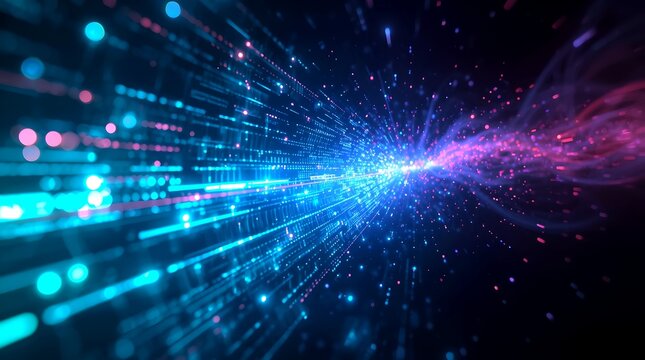 Abstract digital art in shades of blue and purple, suggesting data flow and technological advancement