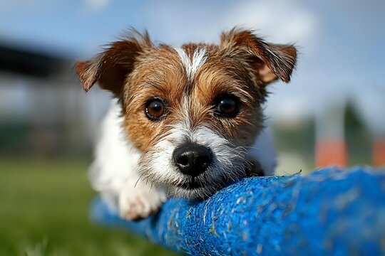 Adorable Jack Russell terrier dog with brown and white fur resting on blue toy outdoors in park, looking directly at camera with expressive eyes. - Powered by Adobe