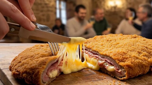 Cachopo asturiano cortado en tabla de madera en restaurante r&uacute;stico con ambiente festivo