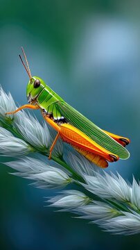 A vibrant green and orange grasshopper is perched on a plant stem, set against a blurred nature background. Macro shot captures intricate details.