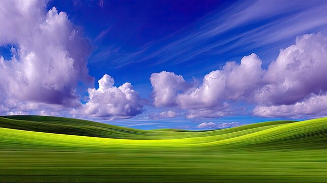 A vibrant landscape featuring green rolling hills, a bright blue sky, and fluffy white and purple clouds. The scene is outdoors on a sunny day.