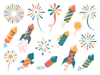 Illustration of various colorful fireworks and rockets on a white background