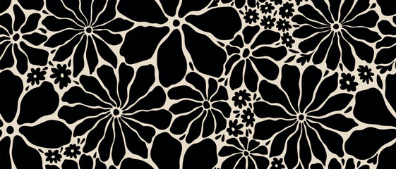 Leaves branch and Hand Drawn doodle Scribble floral plants banner. seamless pattern. Creative minimalist Abstract art background. Design wall decoration, postcard, poster or brochure