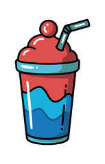 Cartoon illustration of a red and blue slushy with a straw and cherry