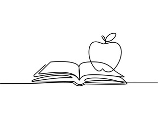 Continuous line drawing of an open book with an apple on top of the pages
