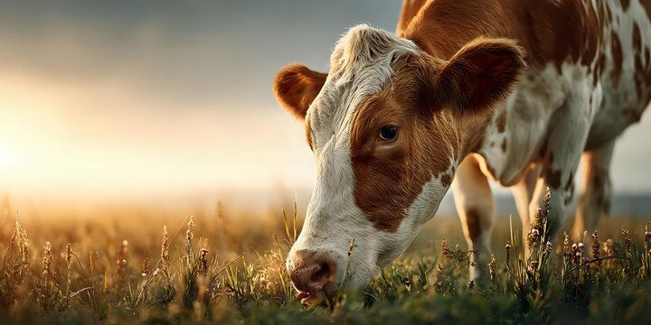 Brown and white spotted cow grazing in golden meadow at sunset, close-up portrait showing gentle expression against warm glowing background.