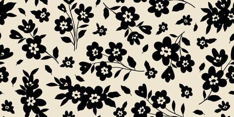 Leaves branch and Hand Drawn doodle Scribble floral plants banner. seamless pattern. Creative minimalist Abstract art background. Design wall decoration, postcard, poster or brochure