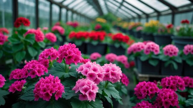 Vibrant greenhouse filled with blooming pink geraniums in pots showcasing colorful floral arrangements and lush green foliage under soft natural light with a blurred background atmosphere