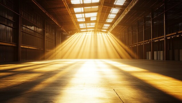 Empty industrial warehouse interior with dramatic sunlight from skylights creating light rays and shadows on the floor.