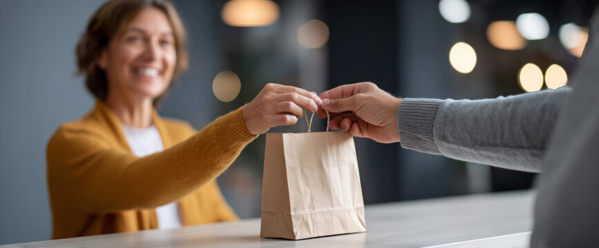 Close-up of a smiling woman receiving a small paper shopping bag from another person indoors with blurred background and warm lighting