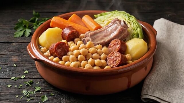 Cocido madrile&ntilde;o tradicional servido en cazuela de barro sobre mesa r&uacute;stica