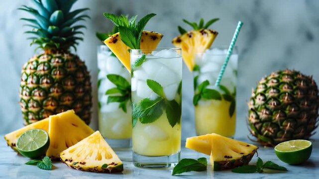 Vibrant tropical cocktails with fresh pineapple and mint beautifully arranged with slices of pineapple and lime on a marble countertop captured in natural light for a refreshing summer vibe