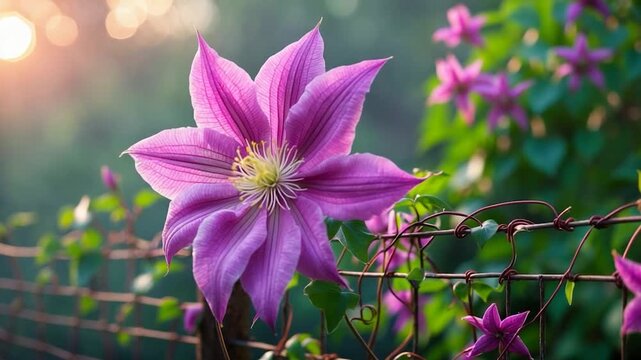 Close-up views of vibrant pink clematis flowers blooming on a wire fence surrounded by lush green leaves in soft natural light during sunset showcasing intricate petal textures and colors