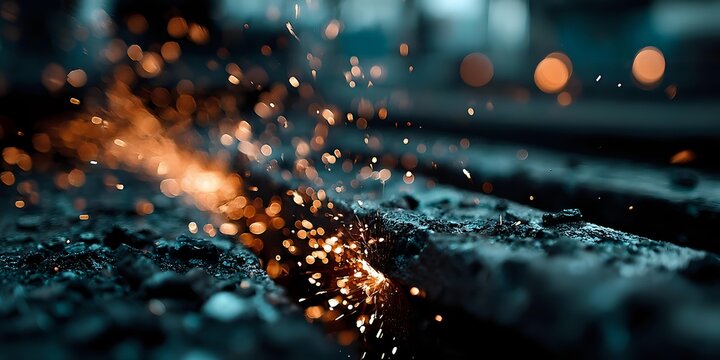 Bright orange sparks flying from metal grinding or welding process against dark background with bokeh lights.