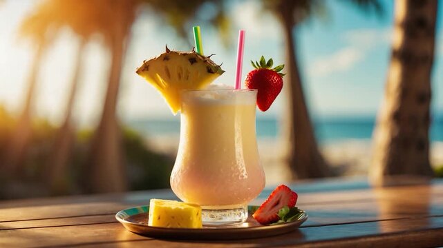Refreshing tropical cocktail with pineapple slice and strawberry on wooden table exhibiting soft natural light vibrant colors and serene beach background under clear blue sky