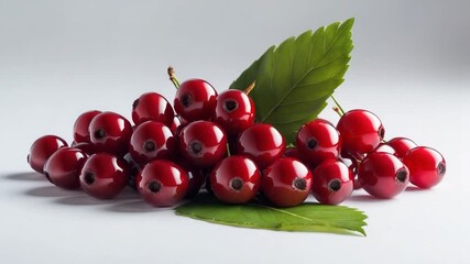 Glossy red berries arranged with vibrant green leaves showcasing close-up detail of ripe fruit on a smooth surface with soft even lighting and natural textures