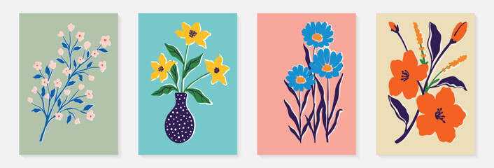 Set of trendy vintage wall prints with flowers, leaves, shapes. Modern aesthetic illustrations. Bohemian style Collection of contemporary artistic Design wall decoration, postcard, poster, brochure