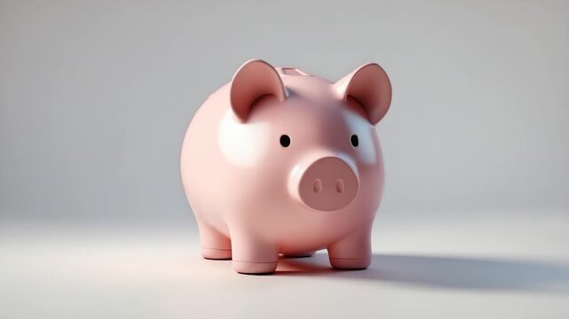 Close-up of a pink piggy bank against a smooth gray background showcasing its round shape glossy texture and simple design highlighting the savings theme and financial concepts throughout the video