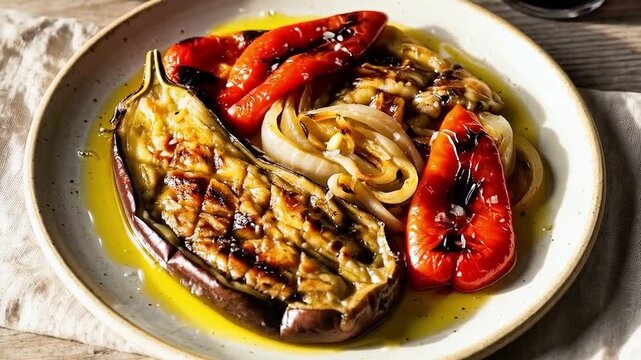 Escalivada de verduras asadas con aceite de oliva en plato r&uacute;stico
