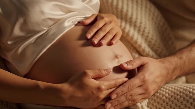 Close up of a pregnant woman's belly with her hands gently caressing the swelling abdomen bathed in warm soft studio lighting with a cozy knitted blanket