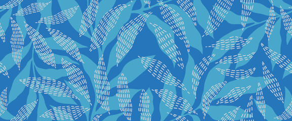 Abstract art vintage colors tropical line art leaves seamless background vector. Wallpaper design with leaves shapes and scribble doodle linear leaf. vintage botanical floral seamless pattern