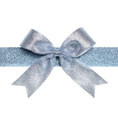 Silver glistening gifting ribbon tied, isolated on white background.