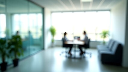 Blurred image of a modern office interior with a meeting in progress. Two individuals are seated at a table, engaging in discussion, while other people have meeting in background.