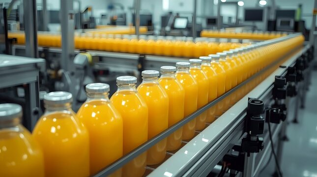 production line of orange juice bottles with industrial conveyor belt. The bottles are filled with juice and moving along a production line
