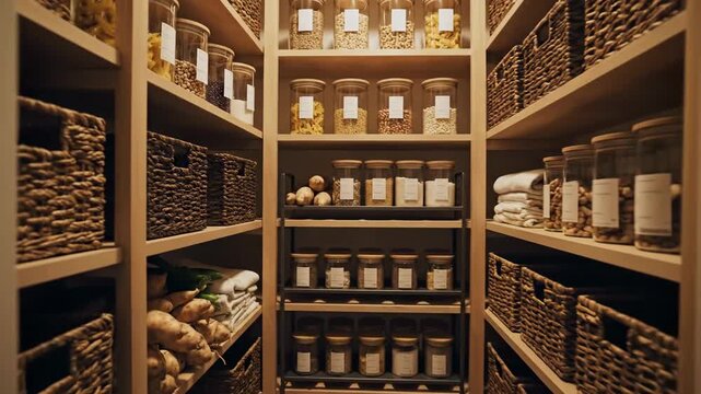 Organized Pantry Storage Filled With Jars, Baskets, and Shelves Showing Food and Groceries