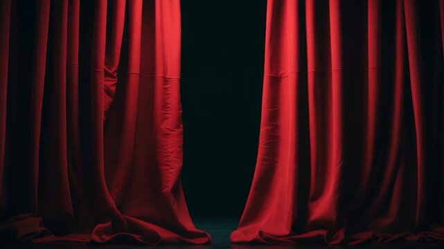 Red theater curtains opening and revealing a dark stage dramatic fabric folds illuminated by soft lighting highlighting the smooth texture and vibrant color transition in an indoor performance setting