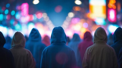 Groups of hooded figures standing in an urban environment illuminated by colorful neon lights creating a sense of anonymity and intrigue as they face a vibrant cityscape at night. - Powered by Adobe