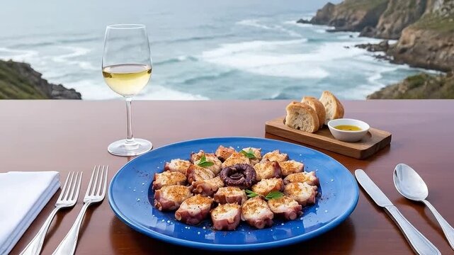 Pulpo a la gallega servido con vistas al mar en restaurante costero de Galicia